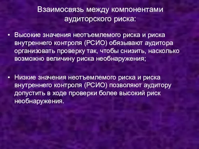 Взаимосвязь между компонентами аудиторского риска: Высокие значения неотъемлемого риска и риска