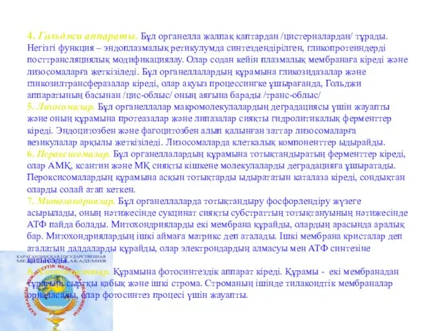 4. Гольджи аппараты. Бұл органелла жалпақ қаптардан /цистерналардан/ тұрады. Негізгі функция