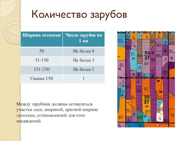 Количество зарубов Между зарубами должны оставляться участки леса, шириной, кратной ширине лесосеки, установленной для этих насаждений.