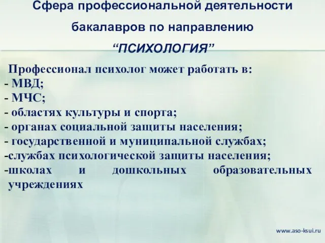 Сфера профессиональной деятельности бакалавров по направлению “ПСИХОЛОГИЯ” Профессионал психолог может работать