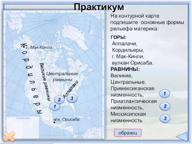 На контурной карте подпишите основные формы рельефа материка: ГОРЫ: Аппалачи, Кордильеры,