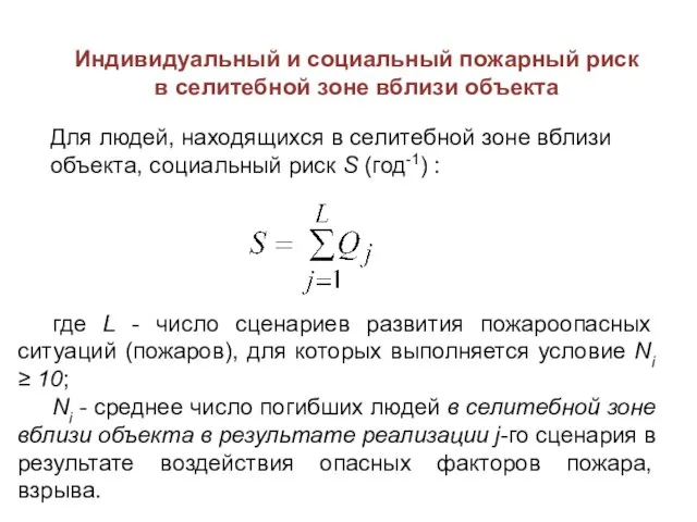 Индивидуальный и социальный пожарный риск в селитебной зоне вблизи объекта Для