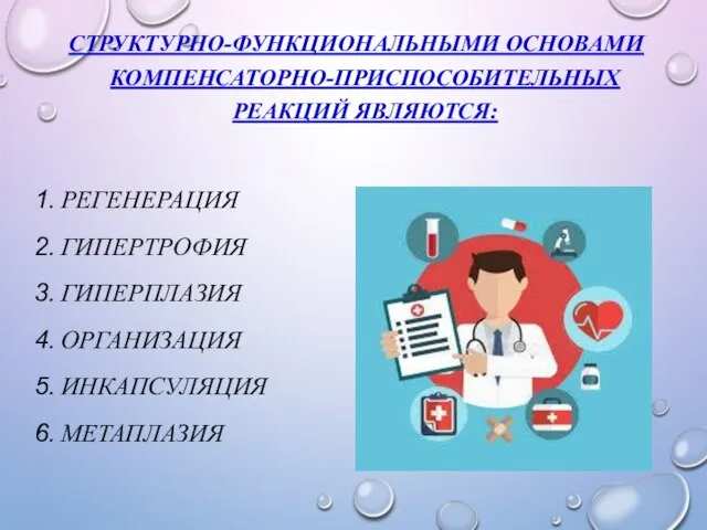 СТРУКТУРНО-ФУНКЦИОНАЛЬНЫМИ ОСНОВАМИ КОМПЕНСАТОРНО-ПРИСПОСОБИТЕЛЬНЫХ РЕАКЦИЙ ЯВЛЯЮТСЯ: РЕГЕНЕРАЦИЯ ГИПЕРТРОФИЯ ГИПЕРПЛАЗИЯ ОРГАНИЗАЦИЯ ИНКАПСУЛЯЦИЯ МЕТАПЛАЗИЯ