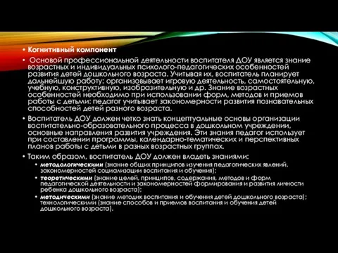 Когнитивный компонент Основой профессиональной деятельности воспитателя ДОУ является знание возрастных и