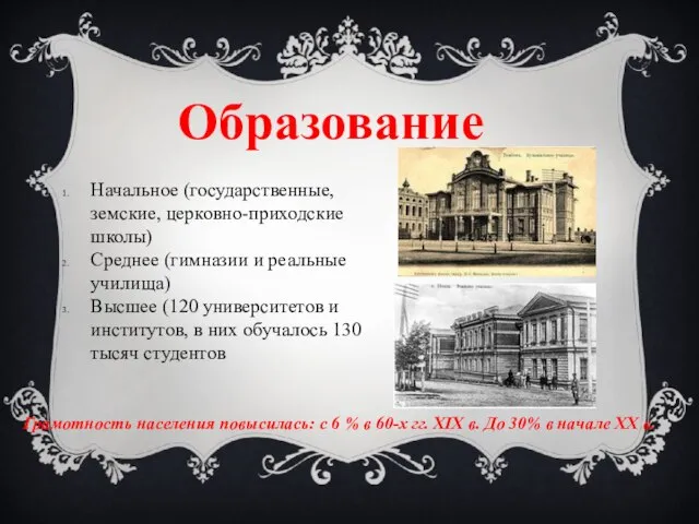 Образование Начальное (государственные, земские, церковно-приходские школы) Среднее (гимназии и реальные училища)