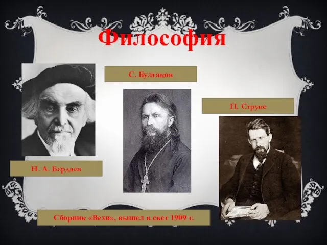 Философия С. Булгаков Н. А. Бердяев П. Струве Сборник «Вехи», вышел в свет 1909 г.