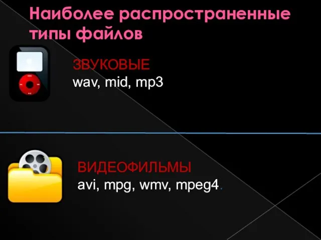 Наиболее распространенные типы файлов ЗВУКОВЫЕ wav, mid, mp3