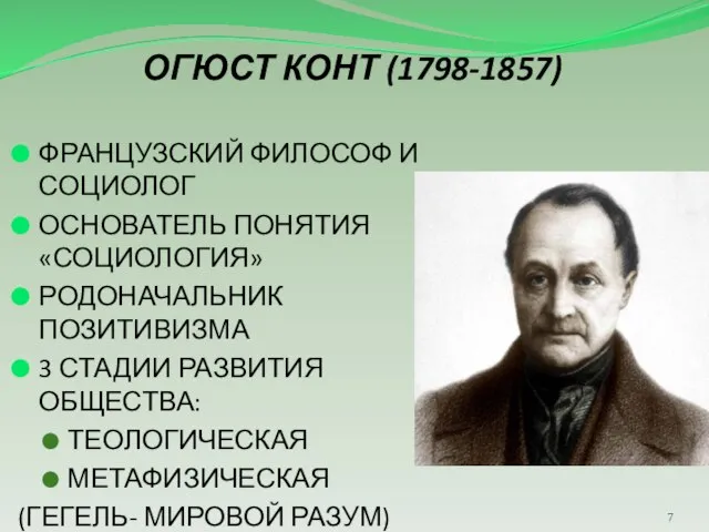 ОГЮСТ КОНТ (1798-1857) ФРАНЦУЗСКИЙ ФИЛОСОФ И СОЦИОЛОГ ОСНОВАТЕЛЬ ПОНЯТИЯ «СОЦИОЛОГИЯ» РОДОНАЧАЛЬНИК