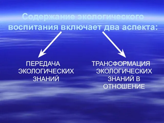 Содержание экологического воспитания включает два аспекта: ПЕРЕДАЧА ЭКОЛОГИЧЕСКИХ ЗНАНИЙ ТРАНСФОРМАЦИЯ ЭКОЛОГИЧЕСКИХ ЗНАНИЙ В ОТНОШЕНИЕ