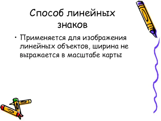 Способ линейных знаков Применяется для изображения линейных объектов, ширина не выражается в масштабе карты