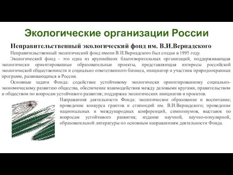 Неправительственный экологический фонд им. В.И.Вернадского Неправительственный экологический фонд имени В.И.Вернадского был