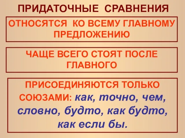 ПРИДАТОЧНЫЕ СРАВНЕНИЯ ОТНОСЯТСЯ КО ВСЕМУ ГЛАВНОМУ ПРЕДЛОЖЕНИЮ ЧАЩЕ ВСЕГО СТОЯТ ПОСЛЕ