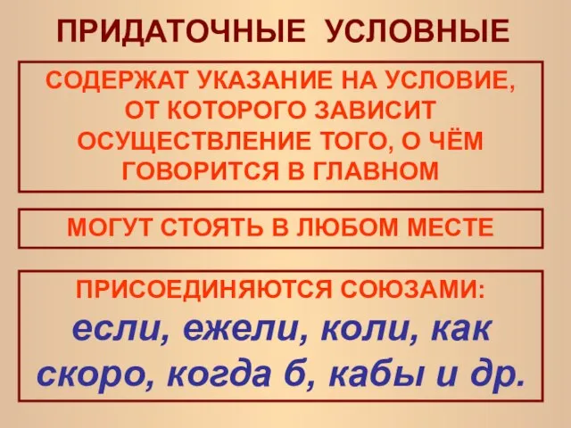 ПРИДАТОЧНЫЕ УСЛОВНЫЕ СОДЕРЖАТ УКАЗАНИЕ НА УСЛОВИЕ, ОТ КОТОРОГО ЗАВИСИТ ОСУЩЕСТВЛЕНИЕ ТОГО,