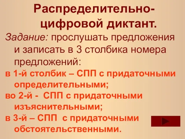 Распределительно-цифровой диктант. Задание: прослушать предложения и записать в 3 столбика номера