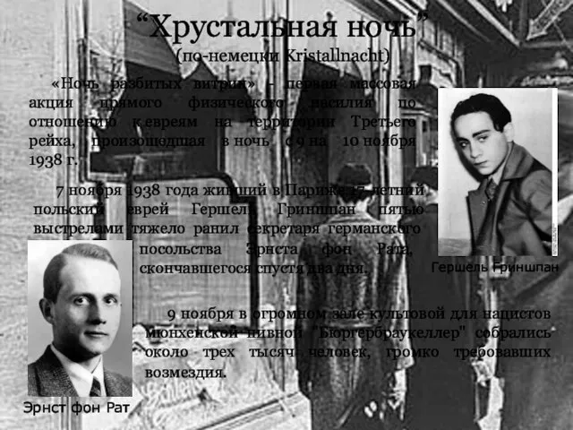 “Хрустальная ночь” (по-немецки Kristallnacht) Гершель Гриншпан 9 ноября в огромном зале