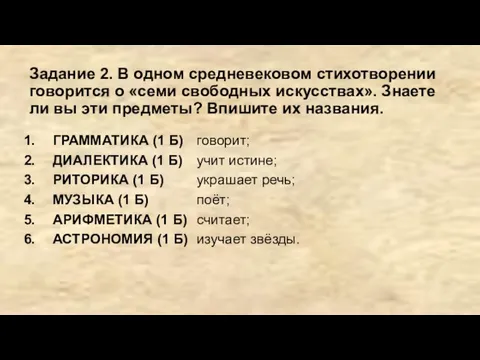 Задание 2. В одном средневековом стихотворении говорится о «семи свободных искусствах».