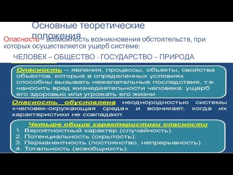 Основные теоретические положения Опасность – возможность возникновения обстоятельств, при которых осуществляется