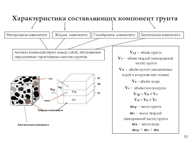 Характеристика составляющих компонент грунта Минеральная компонента Жидкая компонента Газообразная компонента Биотическая