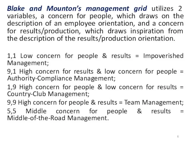 Blake and Mounton’s management grid utilizes 2 variables, a concern for