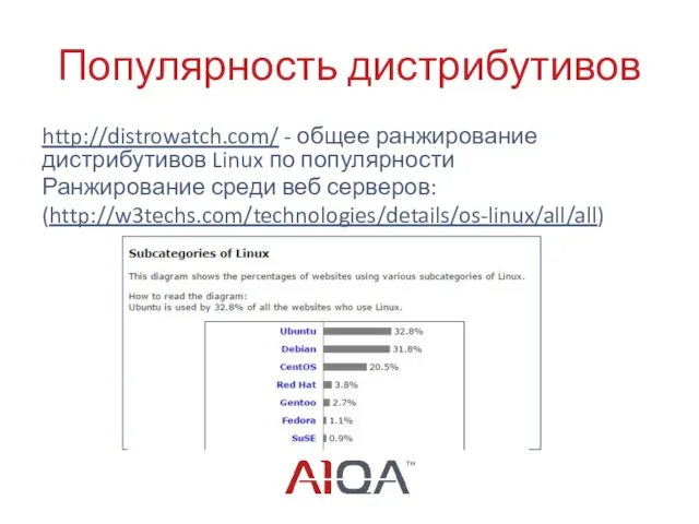 Популярность дистрибутивов http://distrowatch.com/ - общее ранжирование дистрибутивов Linux по популярности Ранжирование среди веб серверов: (http://w3techs.com/technologies/details/os-linux/all/all)