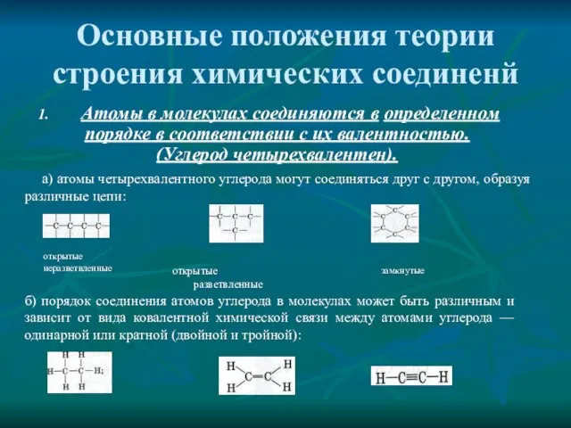 Основные положения теории строения химических соединенй 1. Атомы в молекулах соединяются