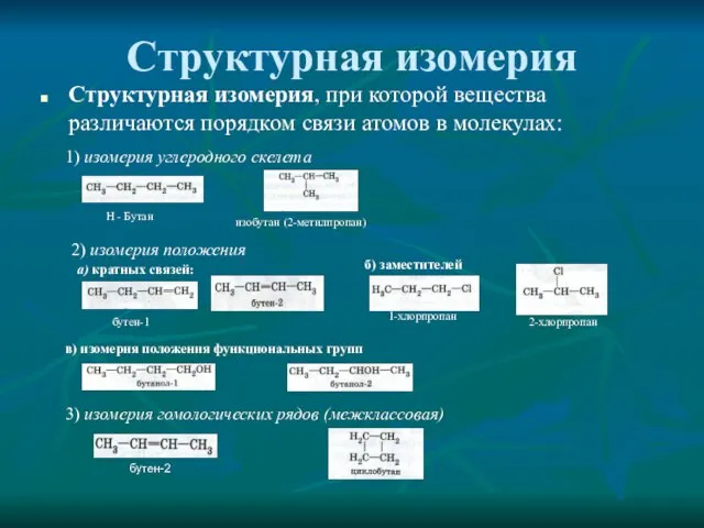 Структурная изомерия Структурная изомерия, при которой вещества различаются порядком связи атомов