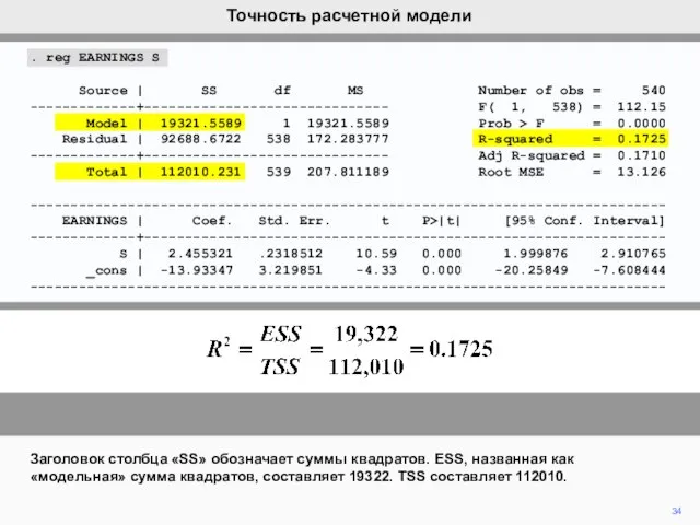 34 Заголовок столбца «SS» обозначает суммы квадратов. ESS, названная как «модельная»