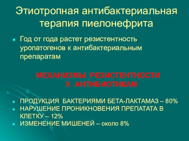 Этиотропная антибактериальная терапия пиелонефрита Год от года растет резистентность уропатогенов к