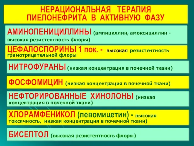 НЕРАЦИОНАЛЬНАЯ ТЕРАПИЯ ПИЕЛОНЕФРИТА В АКТИВНУЮ ФАЗУ ЦЕФАЛОСПОРИНЫ 1 пок. - высокая