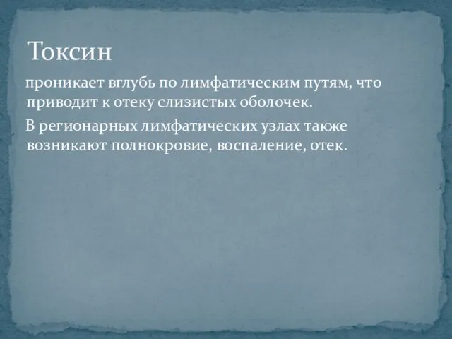 проникает вглубь по лимфатическим путям, что приводит к отеку слизистых оболочек.