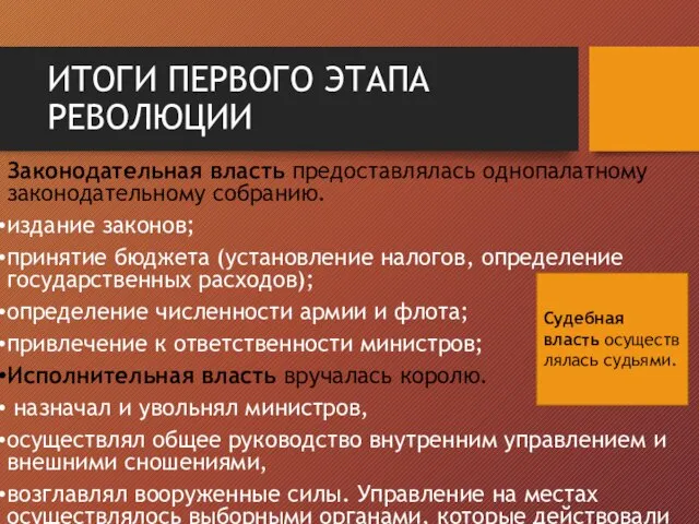 ИТОГИ ПЕРВОГО ЭТАПА РЕВОЛЮЦИИ Законодательная власть предоставлялась однопалатному законодательному собранию. издание