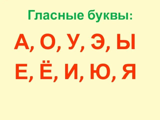 Гласные буквы: А, О, У, Э, Ы Е, Ё, И, Ю, Я