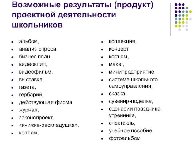 Возможные результаты (продукт) проектной деятельности школьников альбом, анализ опроса, бизнес план,