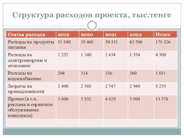 Структура расходов проекта, тыс.тенге