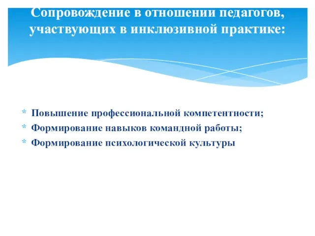 Повышение профессиональной компетентности; Формирование навыков командной работы; Формирование психологической культуры Сопровождение