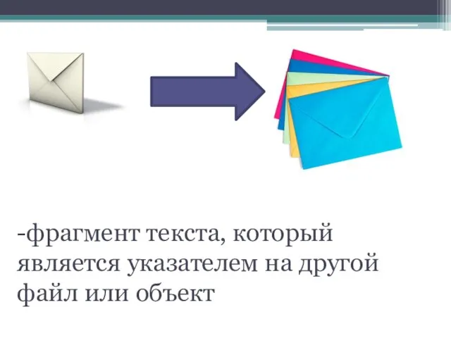 Гиперссылка -фрагмент текста, который является указателем на другой файл или объект