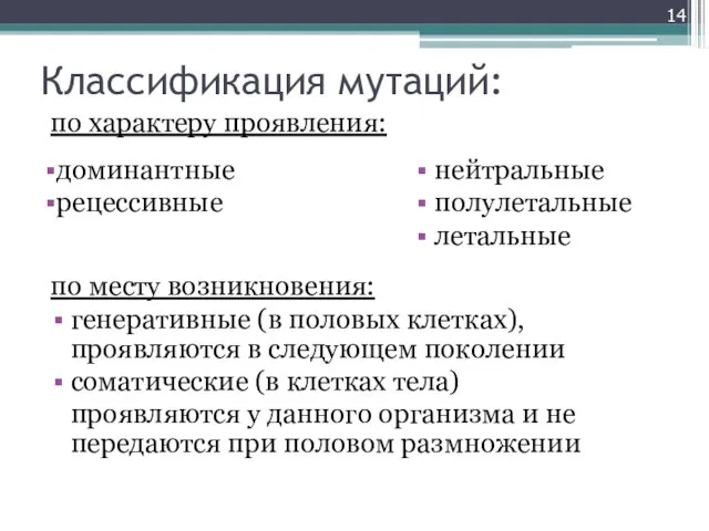 Классификация мутаций: по характеру проявления: по месту возникновения: генеративные (в половых