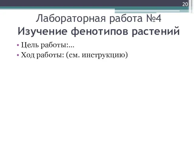 Лабораторная работа №4 Изучение фенотипов растений Цель работы:… Ход работы: (см. инструкцию)