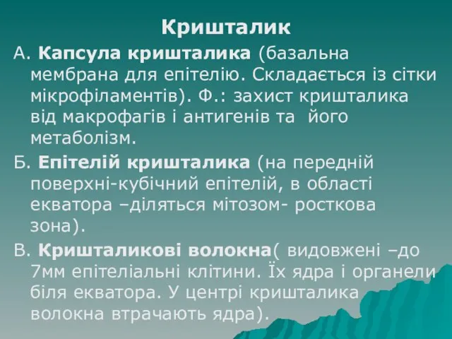 Кришталик А. Капсула кришталика (базальна мембрана для епітелію. Складається із сітки