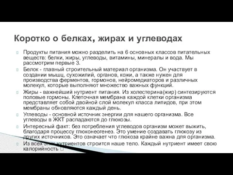 Продукты питания можно разделить на 6 основных классов питательных веществ: белки,