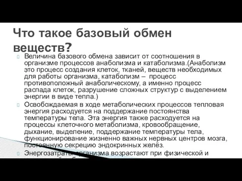 Величина базового обмена зависит от соотношения в организме процессов анаболизма и