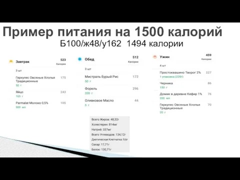 Б100/ж48/у162 1494 калории Пример питания на 1500 калорий