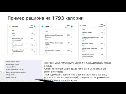 Пример рациона на 1793 калории Завтрак: увеличили крупу, убрали 1 яйцо,