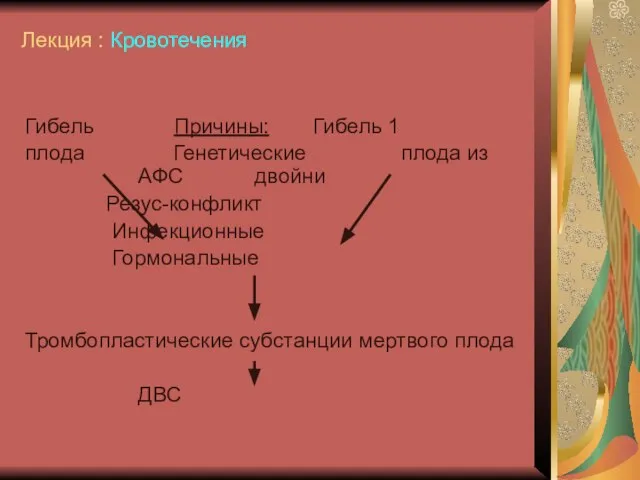 Лекция : Кровотечения Гибель Причины: Гибель 1 плода Генетические плода из