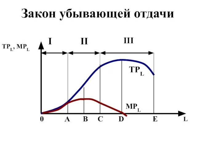 Закон убывающей отдачи TPL, MPL 0 A B C D E