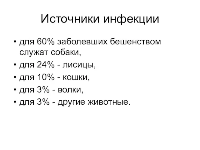 Источники инфекции для 60% заболевших бешенством служат собаки, для 24% -