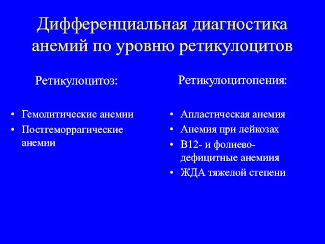 Дифференциальная диагностика анемий по уровню ретикулоцитов Ретикулоцитоз: Гемолитические анемии Постгеморрагические анемии