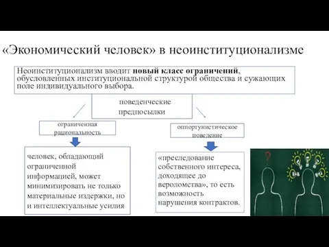 Неоинституционализм вводит новый класс ограничений, обусловленных институциональной структурой общества и сужающих