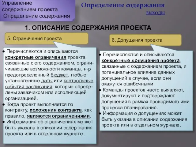 Управление содержанием проекта Определение содержания 1. ОПИСАНИЕ СОДЕРЖАНИЯ ПРОЕКТА 5. Ограничения