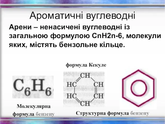 Структурна формула бензену Арени – ненасичені вуглеводні із загальною формулою CnH2n-6,